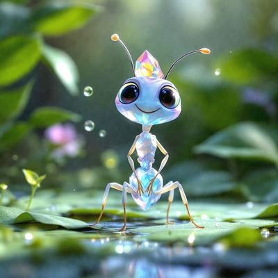 The primary subject of the image is a cartoon-like insect, possibly a grasshopper or a dragonfly, standing on a leaf in a pond. The insect is surrounded by a lush green environment, which includes a forest in the background. The visual style of the image is digital art, as it appears to be a computer-generated or digitally illustrated scene. The colors and mood of the image are vibrant and cheerful, with the insect's bright colors and the greenery of the pond and forest creating a lively and inviting atmosphere.